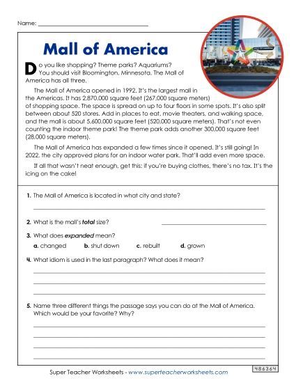 Reading Comprehension - Mall of America (Short Article) (Printable PDF Worksheet)