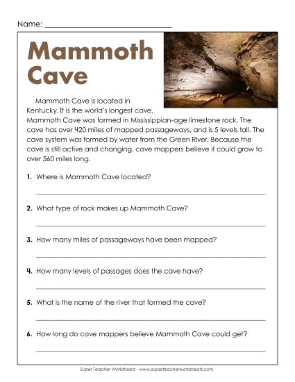 Short Passages - Mammoth Cave (Short) (Printable PDF Worksheet)