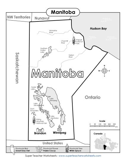 Maps - Manitoba Map (Black & White) (Printable PDF Worksheet)