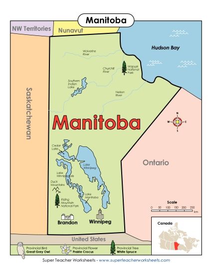 Maps - Manitoba Map (Full Colour) (Printable PDF Worksheet)