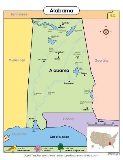 Maps - Map of Alabama (Printable PDF Worksheet)