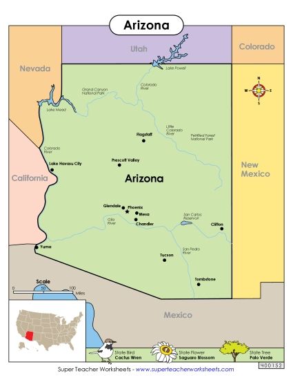 Maps - Map of Arizona (Printable PDF Worksheet)