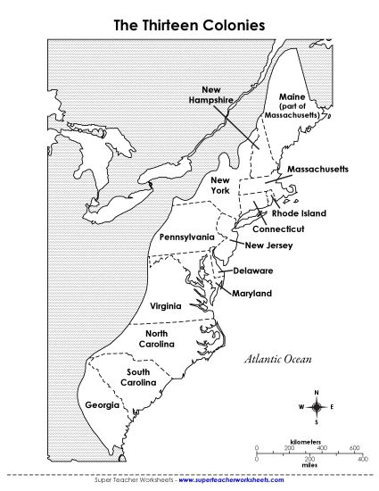 Maps of the USA - Map of Colonial America (Labels) (Printable PDF Worksheet)