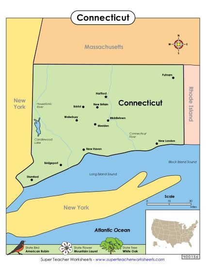 Maps - Map of Connecticut (Printable PDF Worksheet)