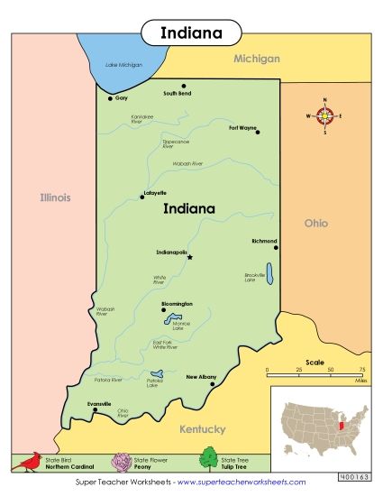 Maps - Map of Indiana (Printable PDF Worksheet)