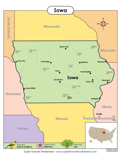 Maps - Map of Iowa (Printable PDF Worksheet)