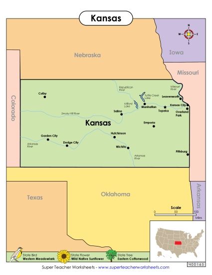 Maps - Map of Kansas (Printable PDF Worksheet)