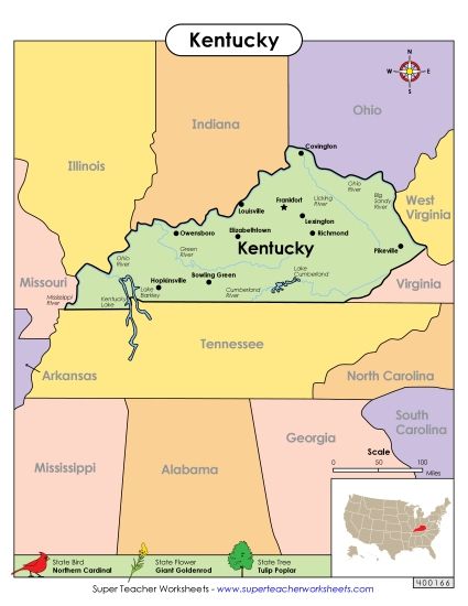 Maps - Map of Kentucky (Printable PDF Worksheet)