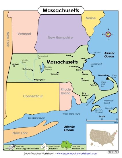 Maps - Map of Massachusetts (Printable PDF Worksheet)