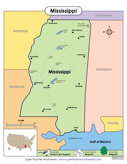 Maps - Map of Mississippi (Printable PDF Worksheet)