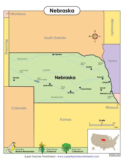 Maps - Map of Nebraska (Printable PDF Worksheet)