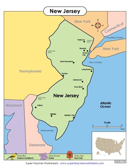 Maps - Map of New Jersey (Printable PDF Worksheet)