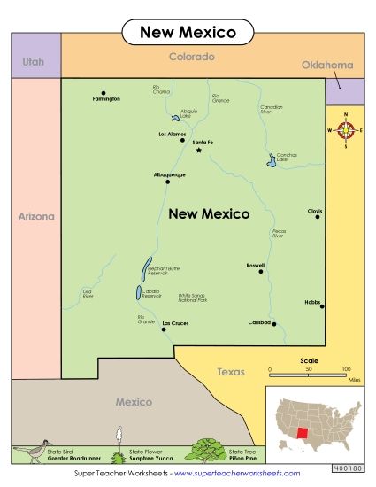 Maps - Map of New Mexico (Printable PDF Worksheet)