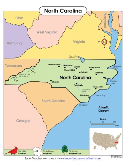Maps - Map of North Carolina (Printable PDF Worksheet)