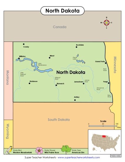 Maps - Map of North Dakota (Printable PDF Worksheet)
