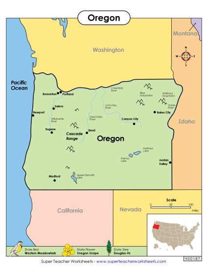 Maps - Map of Oregon (Printable PDF Worksheet)