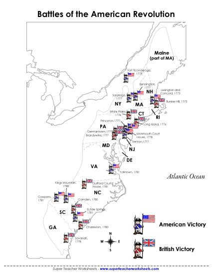 Maps - Map of Revolutionary War Battles (Printable PDF Worksheet)