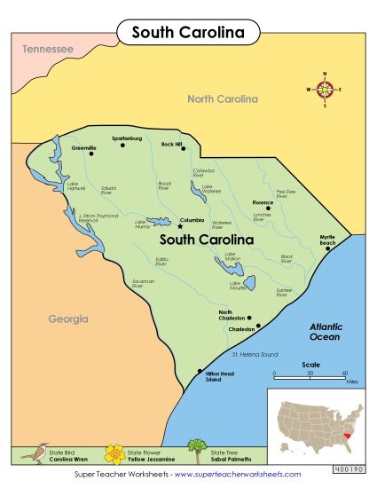 Maps - Map of South Carolina (Printable PDF Worksheet)