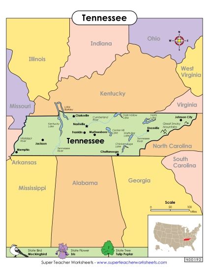 Maps - Map of Tennessee (Printable PDF Worksheet)
