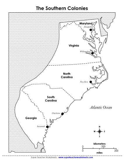 Maps - Map of the Southern Colonies (Printable PDF Worksheet)