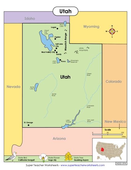 Maps - Map of Utah (Printable PDF Worksheet)