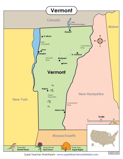 Maps - Map of Vermont (Printable PDF Worksheet)
