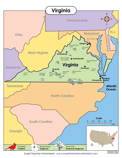 Maps - Map of Virginia (Printable PDF Worksheet)