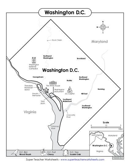 Maps - Map of Washington, D.C. (Black & White) (Printable PDF Worksheet)