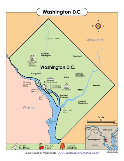 Maps - Map of Washington, D.C. (Full Color) (Printable PDF Worksheet)