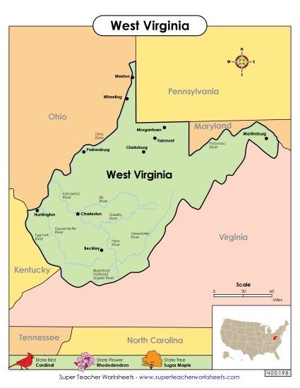 Maps - Map of West Virginia (Printable PDF Worksheet)