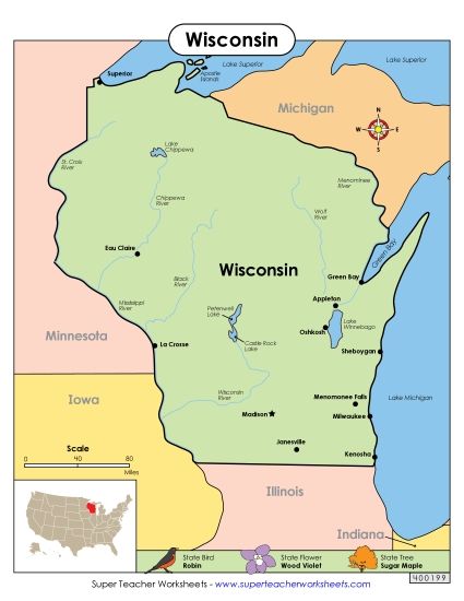 Maps - Map of Wisconsin (Printable PDF Worksheet)