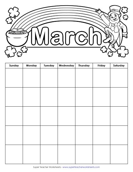 Calendars - March Calendar (Spring) (Printable PDF Worksheet)
