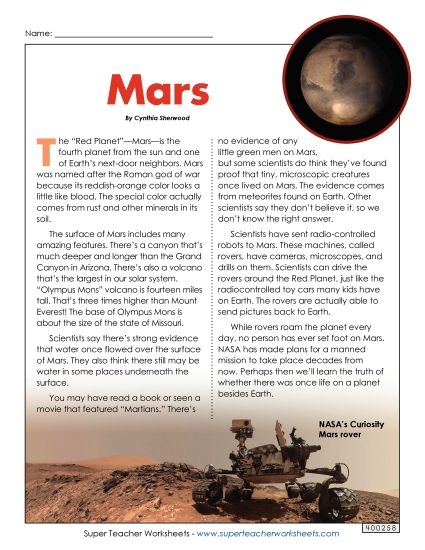 Articles with Questions - Mars Article & Questions (Printable PDF Worksheet)