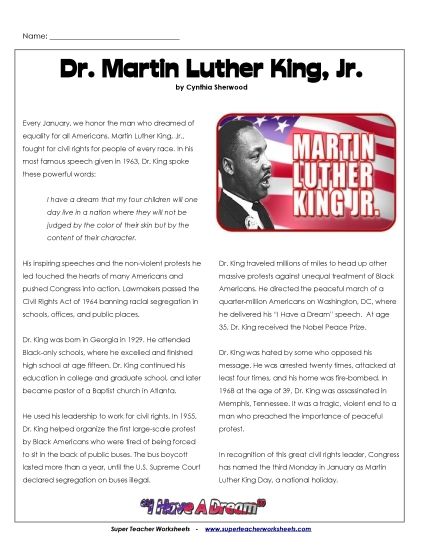 Reading Comprehension - Martin Luther King Jr. (Higher Reading Level) (Printable PDF Worksheet)