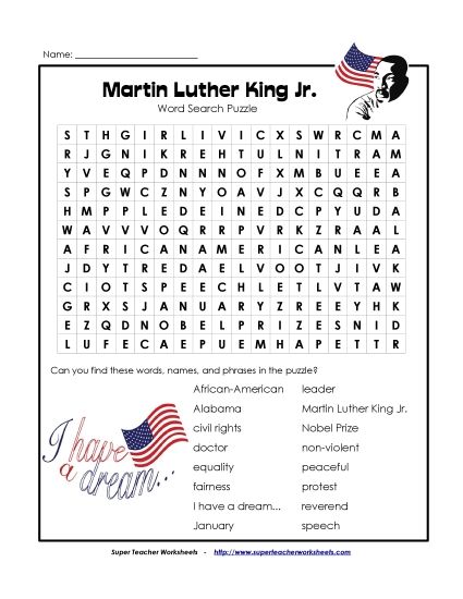 M.L.K. Worksheets - Martin Luther King Word Search Puzzle (Printable PDF Worksheet)