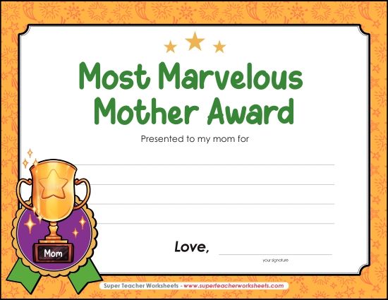 Make Gifts For Moms - Marvelous Mother's Day Award (Printable PDF Worksheet)
