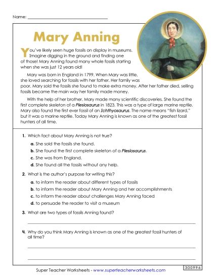 Biography - Mary Anning (Printable PDF Worksheet)