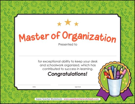 More School Awards - Master of Organization (Printable PDF Worksheet)