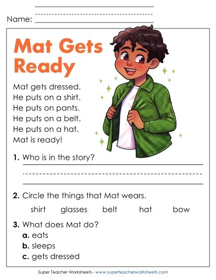 Reading Comprehension and  Additional ELA Skills - Mat Gets Ready  (Printable PDF Worksheet)