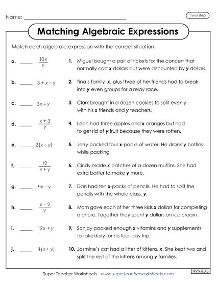 Level: Advanced (2-Step w/ Parenthesis) - Matching Algebraic Expressions (Two Steps) (Printable PDF Worksheet)