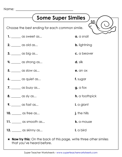 Similes - Matching Common Similes (Printable PDF Worksheet)