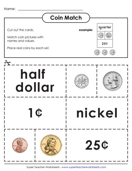 All Coins (Incl. Half Dollars & Dollars) - Matching Puzzle Game: Cut & Glue (Advanced) (Printable PDF Worksheet)