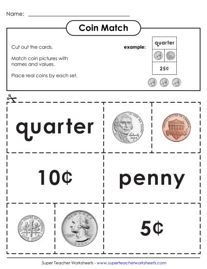Pennies, Nickels, Dimes, Quarters - Matching Puzzle Game: Cut and Glue (Printable PDF Worksheet)