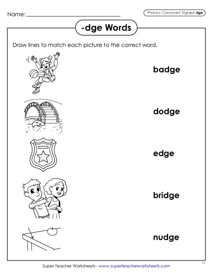 Worksheets - Matching Worksheet (-dge Words) (Printable PDF Worksheet)
