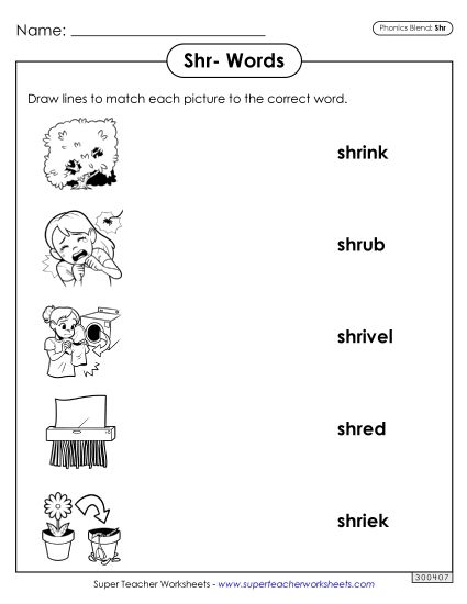 Worksheets - Matching Worksheet (Shr- Words) (Printable PDF Worksheet)