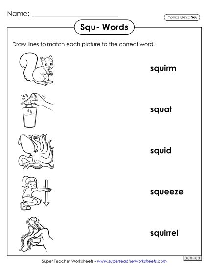 Worksheets - Matching Worksheet (Squ- Words) (Printable PDF Worksheet)