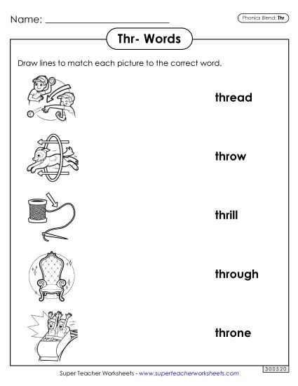 Worksheets - Matching Worksheet (Thr- Words) (Printable PDF Worksheet)