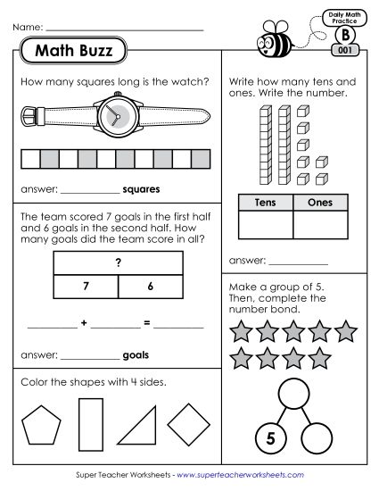 Math Buzz: Week 1 Worksheets 1 through 5 (Printable PDF Worksheet)