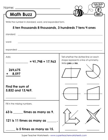 Math Buzz: Week 1 Worksheets 1 through 5 (Printable PDF Worksheet)