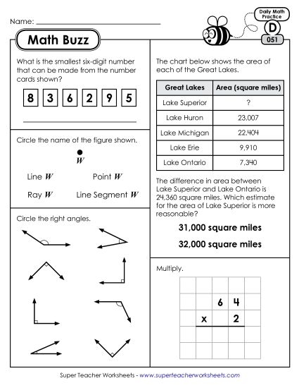 Math Buzz: Week 11 Worksheets 51 through 55 (Printable PDF Worksheet)